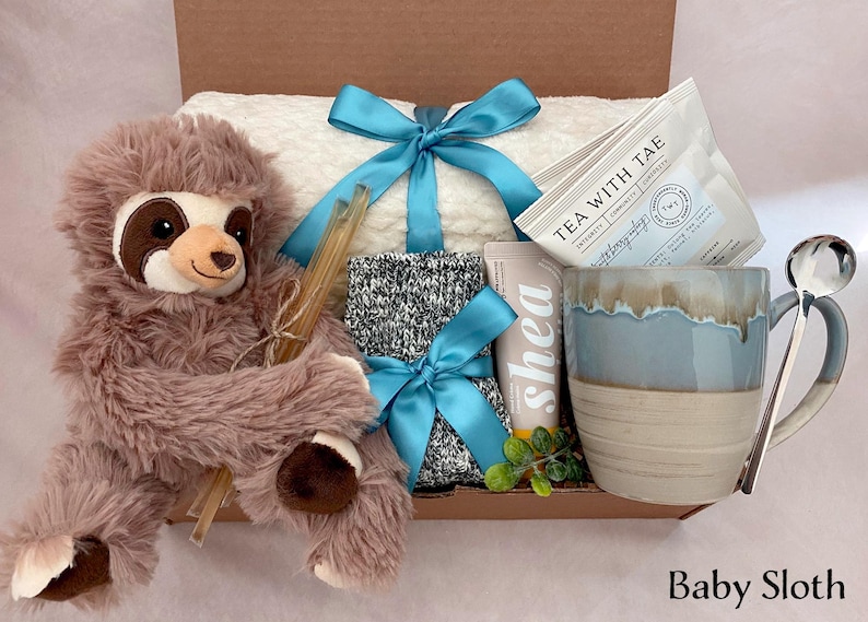 New Mom Gift Box – Postpartum Care Package, Self Care Spa Gift for Mom, Comfort Gift Baby Sloth