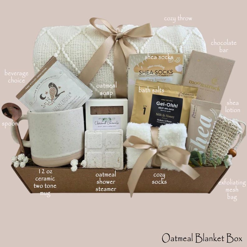 Hug In A Box, Encouragement Gift, Mom Gift Set, Hygee Gift Box, Thinking Of You Box, Cozy Care Package, Self Care Basket, Blanket Gift Box Oatmeal Blanket Box