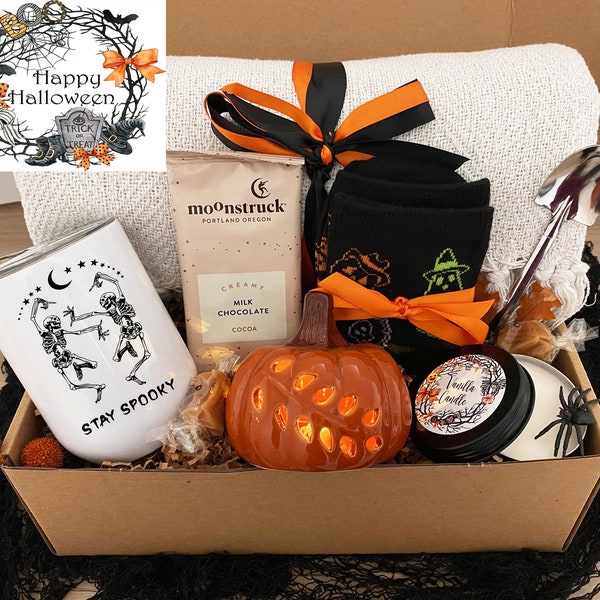 Halloween Gift Box for her with Blanket, Halloween Gift Box for Daughter, Halloween Gift Box with Pumpkin Light, Halloween Box Fall Gift Box