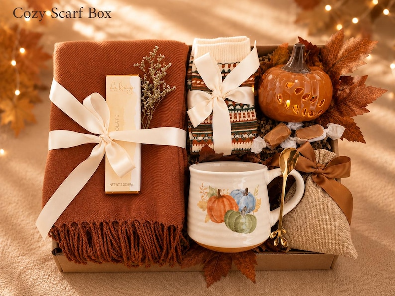 May include: A gift box labeled Cozy Scarf Box containing a rust-colored fringed scarf, a chocolate bar, patterned socks tied with a white ribbon, a ceramic pumpkin, a white mug with pumpkin illustrations, a gold spoon, and a small burlap bag.