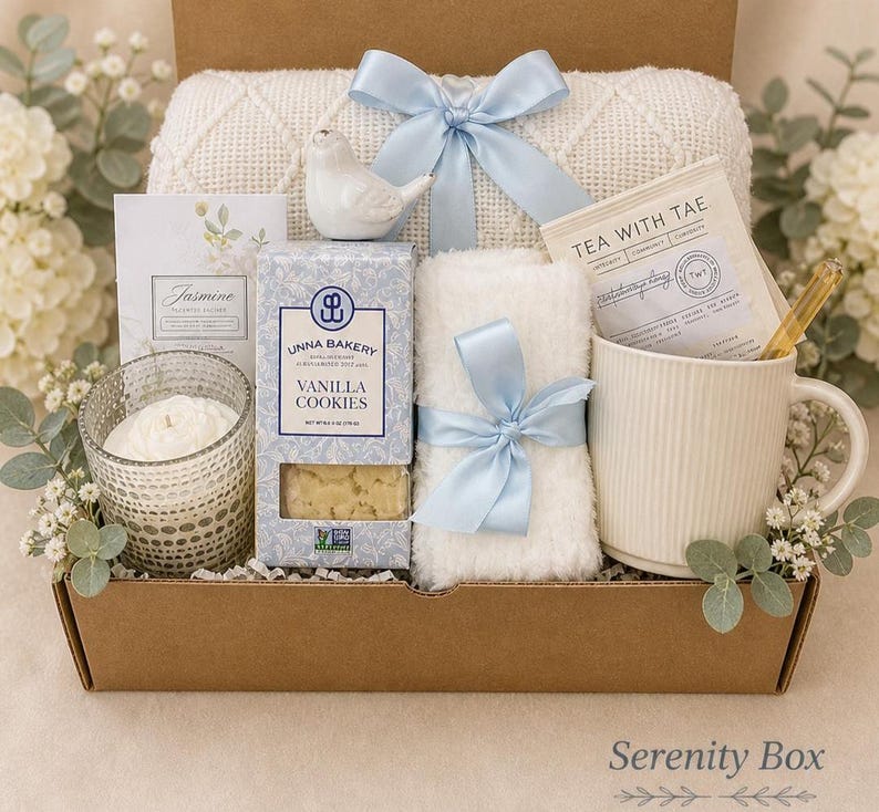 May include: A gift box containing a white textured blanket with a light blue ribbon, a white ceramic bird, a box of Unna Bakery vanilla cookies, a white candle in a patterned glass, a white mug, and a Tea With Tae packet with a wooden stirrer.