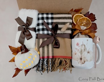 Fall Care Package Gift Box, Throw Blanket, Cozy Mug