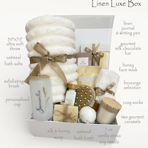 Birthday Gift Box for her, Spa Gift Basket for Women, Personalized Self Care Gift, Best Friend Birthday Gift, Care Package for Women Linen Luxe Box