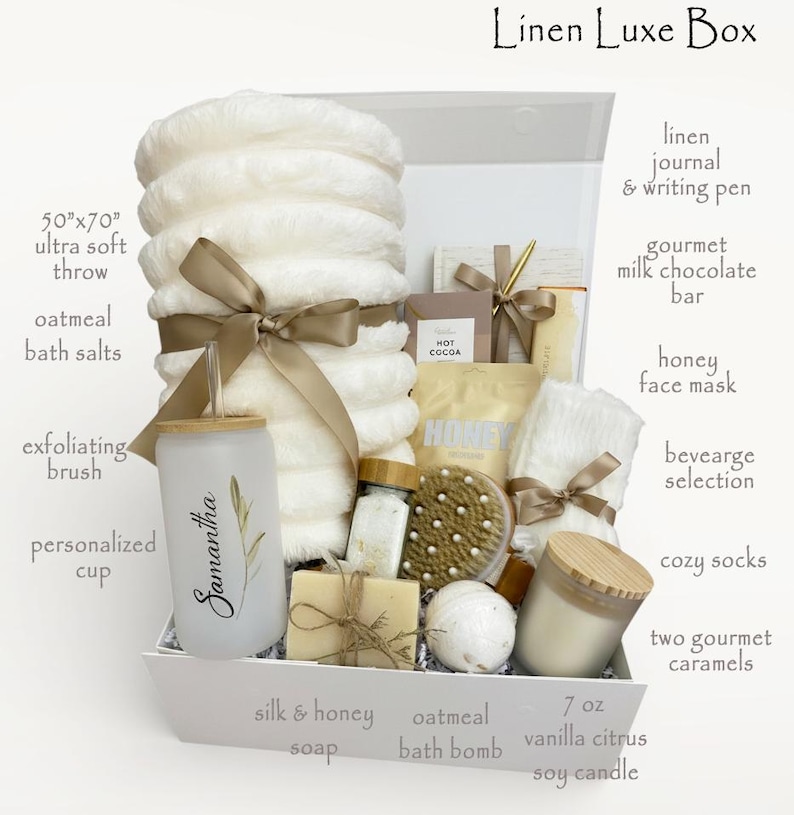 Birthday Gift Box for her, Spa Gift Basket for Women, Personalized Self Care Gift, Best Friend Birthday Gift, Care Package for Women Linen Luxe Box