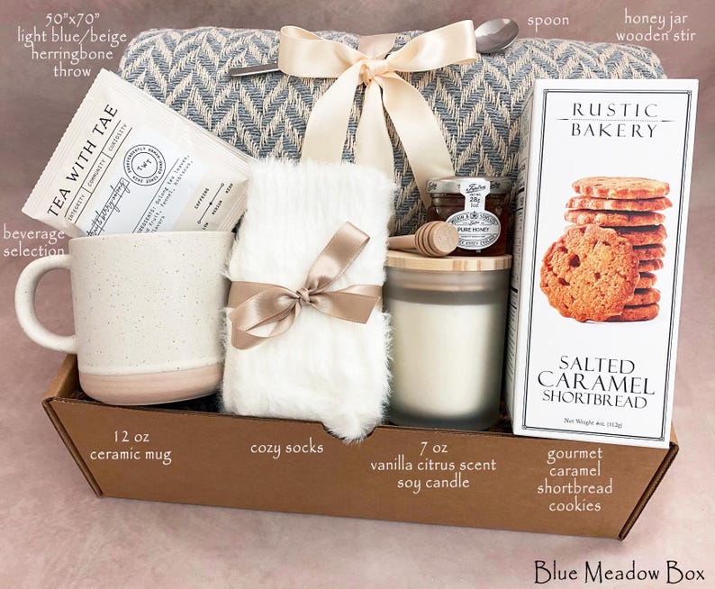 Hug In A Box, Encouragement Gift, Mom Gift Set, Hygee Gift Box, Thinking Of You Box, Cozy Care Package, Self Care Basket, Blanket Gift Box Blue Meadow Box