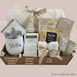 Birthday Gift Box for her, Spa Gift Basket for Women, Personalized Self Care Gift, Best Friend Birthday Gift, Care Package for Women Oatmeal Blanket Box