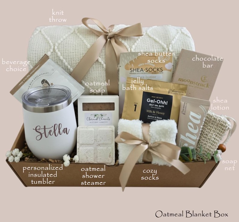 Birthday Gift Box for her, Spa Gift Basket for Women, Personalized Self Care Gift, Best Friend Birthday Gift, Care Package for Women Oatmeal Blanket Box