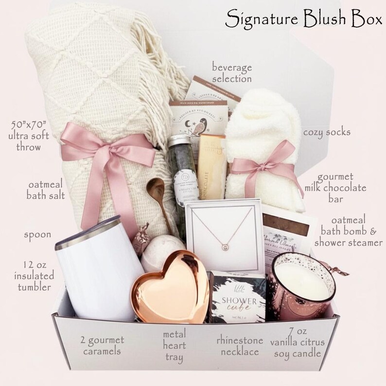 Birthday Gift Box for her, Spa Gift Basket for Women, Personalized Self Care Gift, Best Friend Birthday Gift, Care Package for Women Signature Blush Box