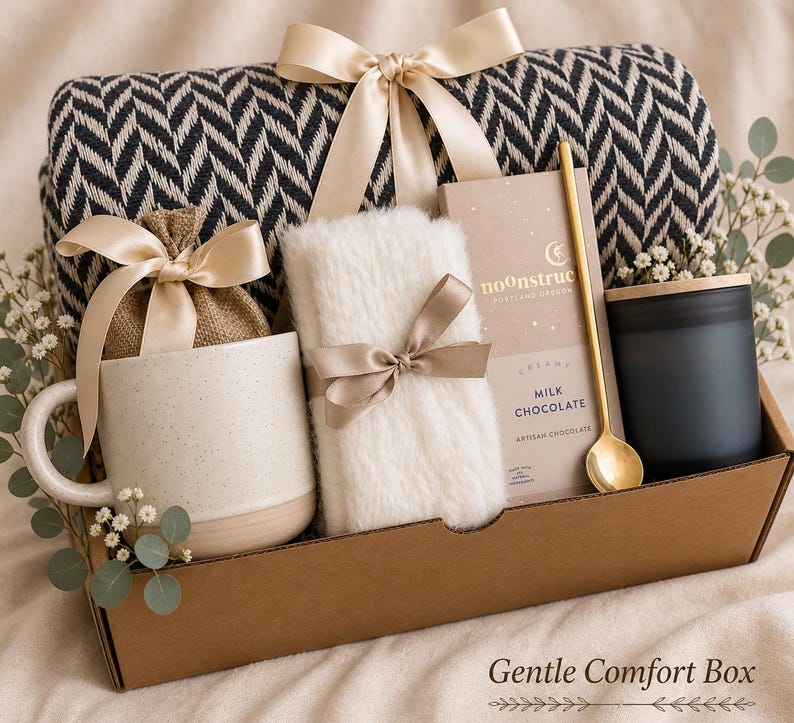 May include: A gift box containing a black and white herringbone throw blanket with a beige ribbon, a speckled ceramic mug, a burlap pouch, a white faux fur item, a bar of Noonstruck milk chocolate, a gold spoon, and a matte black candle.