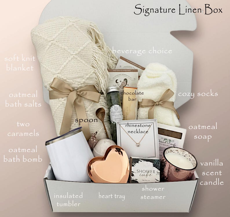 Birthday Gift Box for her, Spa Gift Basket for Women, Personalized Self Care Gift, Best Friend Birthday Gift, Care Package for Women Signature Linen Box