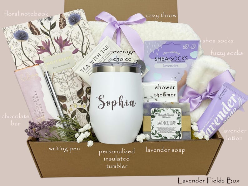 Birthday Gift Box for her, Spa Gift Basket for Women, Personalized Self Care Gift, Best Friend Birthday Gift, Care Package for Women Lavender Fields Box