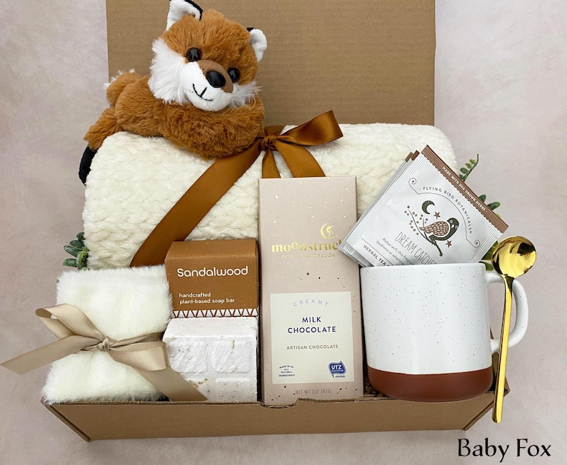 New Mom Gift Box – Postpartum Care Package, Self Care Spa Gift for Mom, Comfort Gift Baby Fox