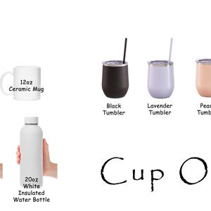May include: A variety of drinkware options are displayed, including a white skinny tumbler, a glass tumbler with a bamboo lid, a ceramic mug, and several insulated water bottles in lavender, pink, and white. There are also several tumblers in black, lavender, peach, rose gold, and white.