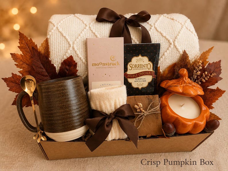 May include: A gift basket containing a cream-colored knit throw with a brown ribbon, a dark brown ceramic mug with a gold spoon, a Moonstruck chocolate bar, a Sorrento mocha mix packet, cream-colored socks, a candle in an orange pumpkin jar, and leaves.