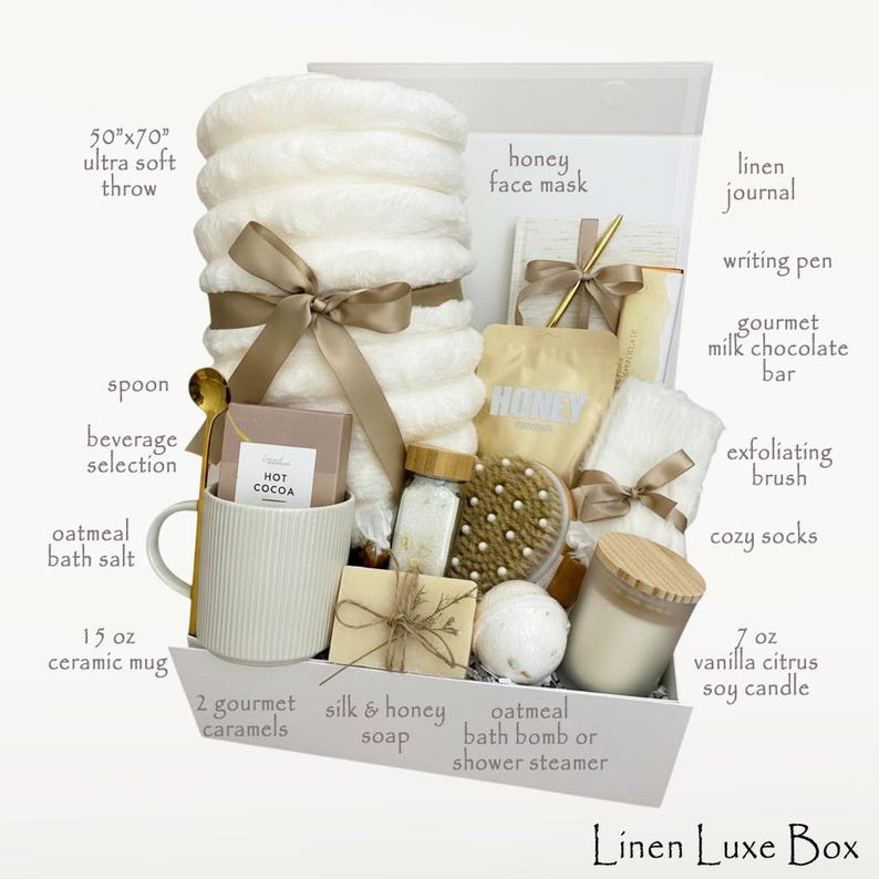 Hug In A Box, Encouragement Gift, Mom Gift Set, Hygee Gift Box, Thinking Of You Box, Cozy Care Package, Self Care Basket, Blanket Gift Box Linen Luxe Box