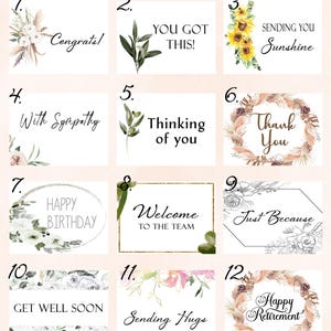 May include: A grid of twelve rectangular greeting cards labeled 1 through 12, featuring various floral and botanical illustrations. Text includes Congrats, You Got This, Sending You Sunshine, With Sympathy, Thinking of You, Thank You, Happy Birthday, Welcome to the Team, Just Because, Get Well Soon, Sending Hugs, and Happy Retirement.