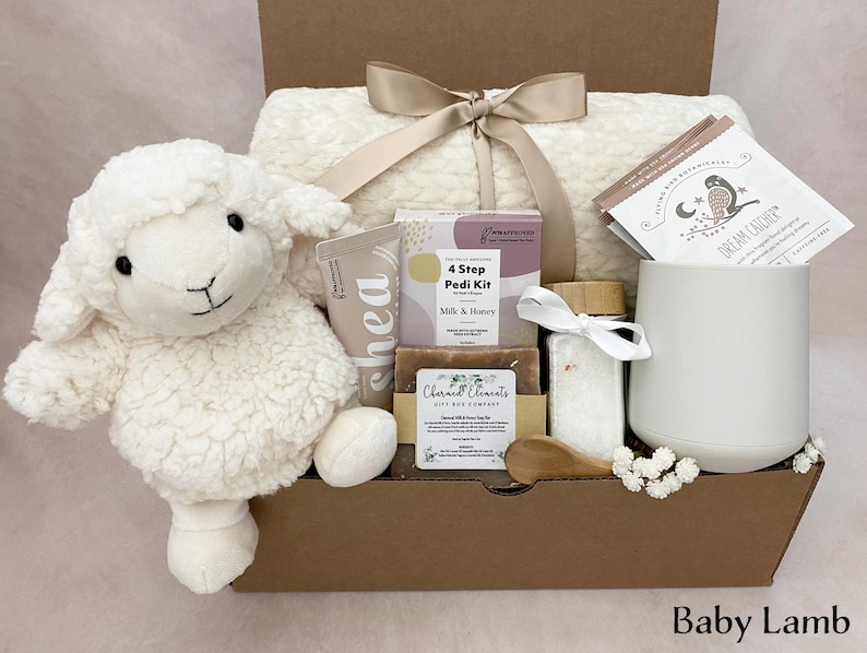 New Mom Gift Box – Postpartum Care Package, Self Care Spa Gift for Mom, Comfort Gift Baby Lamb