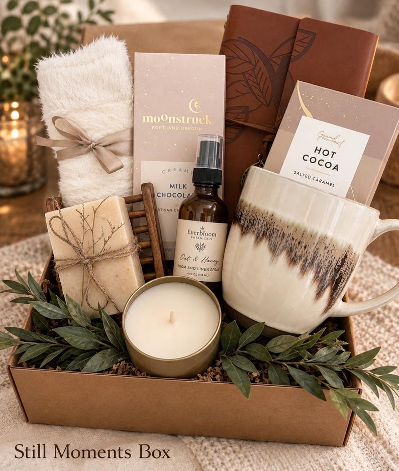 May include: A gift box containing a cream-colored fuzzy pair of socks with a ribbon, a Moonstruck milk chocolate bar, a brown leather-bound journal, a packet of salted caramel hot cocoa, a bar of soap, a room spray, and a candle.