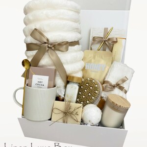 New Home Gift Box, Housewarming Gift, Realtor Closing Gift, Client Appreciation Gift, Welcome Home Gift, Cozy Blanket Spa Gift Set Linen Luxe Box