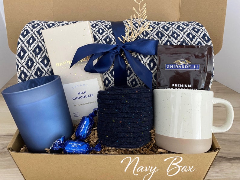 Sympathy Gift Box, Care Package For Her, Care Package, Sending Love and Hugs, Thinking of you Gift Box, Hygge Gift Box With Blanket Navy Box