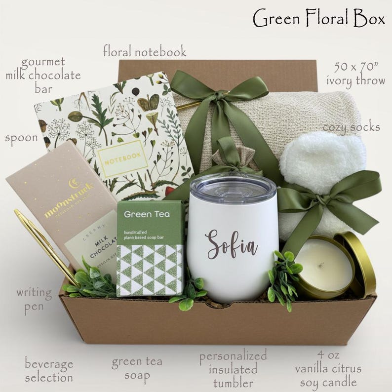 Birthday Gift Box for her, Spa Gift Basket for Women, Personalized Self Care Gift, Best Friend Birthday Gift, Care Package for Women Green Floral Box