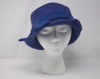 Hand-Knit Felted Wool Hat: 1940s Style Bucket Hat with Czech Glass Button