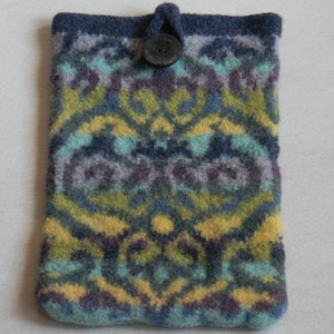 May include: A blue and green knitted phone case with a black button closure. The case features a geometric pattern.
