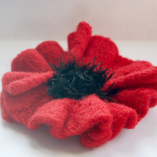 Red Poppy Pin handknit felted wool handmade bright red flower black center--5.25" wide brooch for coat, dress, tote, or hat