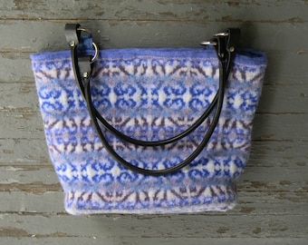Delft Tote--medieval tile design--handknit felted tapestry bag-handmade leather handles--blues purples--moire lining--pocket & zipper pocket