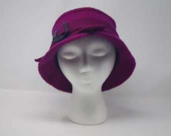Felted Wool Bucket Hat: Hand-Knit Magenta, Vintage Buckle
