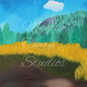 May include: A painting of a landscape with a blue sky, white clouds, a green forest, and a field of yellow grass.