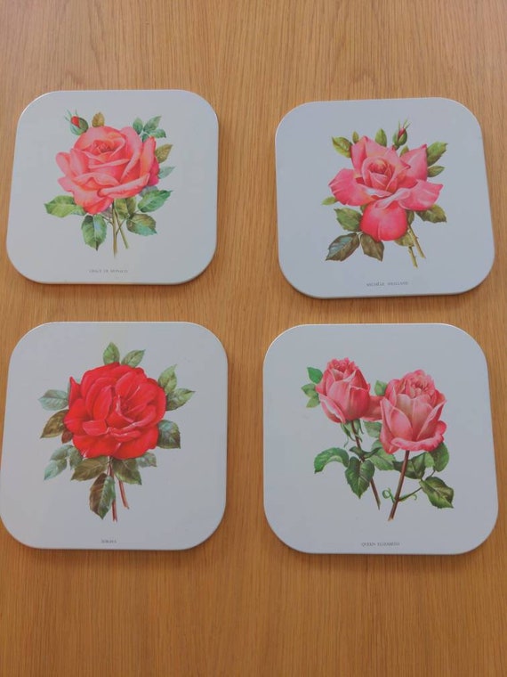 Lovely Set of 4 Floral Rose Placemats, Metal With Cork Back