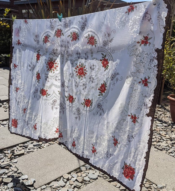 Lovely Vintage White / Brown Floral Tablecloth