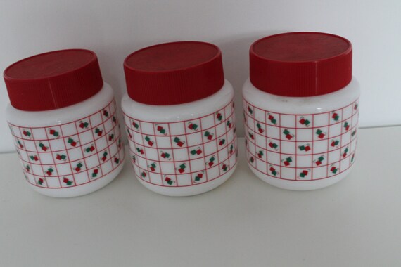 Set of 3 Pyrex Containers / Jars / Canisters 80s pattern Red White Green