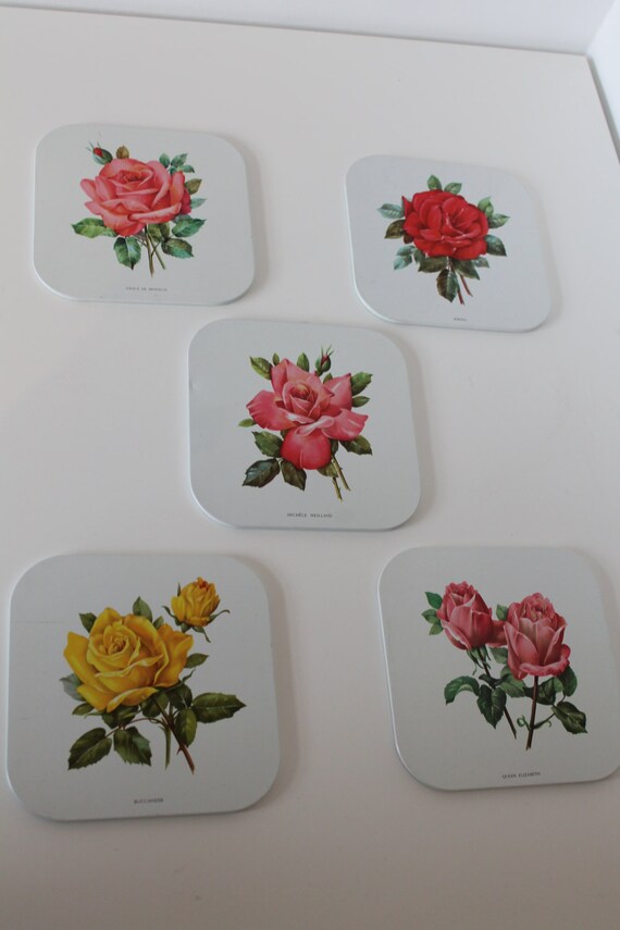 Lovely Set of 5 Floral Rose Placemats, Metal With Cork Back