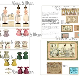 May include: A vintage paper doll set with various dresses and figures. The set includes dolls, dresses in pink, green, and yellow, and a box with instructions. The text "Rose & Wren" is visible throughout the image.