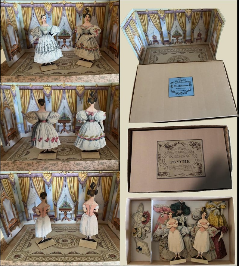 May include: A vintage paper doll set featuring a diorama of a room with painted walls and curtains. The set includes several paper dolls in period dresses and additional outfits, all stored in a box. The box has a label with the text "Le Mode Chic Le Psyche".