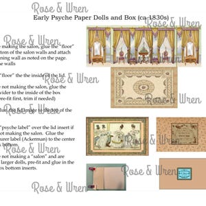 May include: A collage of images from Rose & Wren, featuring Early Psyche Paper Dolls and Box (ca. 1830s). Includes illustrations of a salon interior, a patterned rug, and paper doll figures. Instructions are also included.
