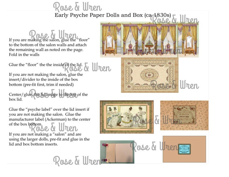 May include: A collage of images from Rose & Wren, featuring Early Psyche Paper Dolls and Box (ca. 1830s). Includes illustrations of a salon interior, a patterned rug, and paper doll figures. Instructions are also included.
