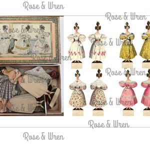 May include: A collection of vintage paper dolls and a decorative box. The box features an illustration of women in period dresses. The paper dolls are dressed in various gowns, with details like floral patterns and puffed sleeves. The text "Rose & Wren" is visible.