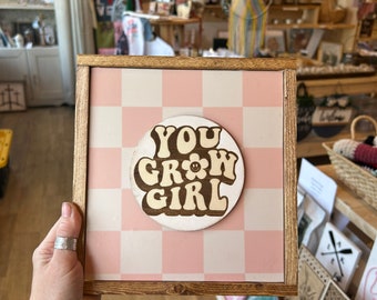 You grow girl Framed wood art / checkered room decor / Motivational quotes / modern farmhouse decor  / Wall hanging / groovy decor