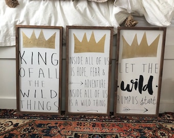 Wall Hanging / Where the wild things collection quote framed wood signs set of 3-12x24 Inside all of us, King of all, Let the wild rumpus