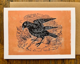 Raven Greeting Card / Autumn / Halloween / Linocut / Recycled / Blank Inside