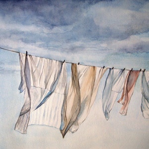 Sheets on the Line, print of original watercolor painting, laundry room decor