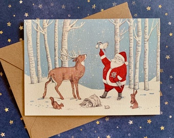 Woodland Santa Greeting Card / Christmas Card / Forest Animals / A7 / Holiday Card