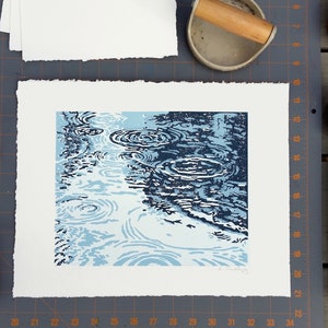 Puddles / Original Linocut Print / Handpulled / 8 x 10 / Rain image 3