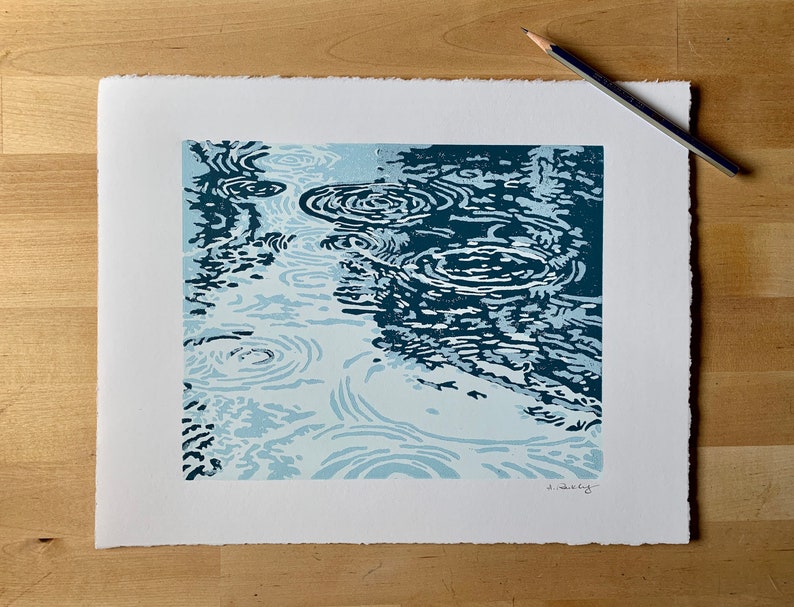 Puddles / Original Linocut Print / Handpulled / 8 x 10 / Rain image 2