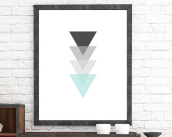 Monochrome Triangle Art, Turquoise and Gray Artwork, Black and Blue Decor, Triangle Wall Art, Minimalist Tribal Decor, Black Geometric