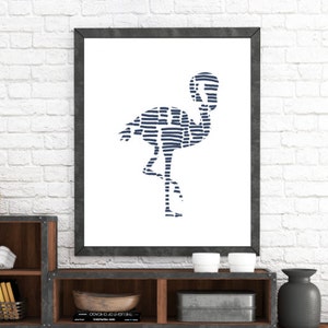 Navy Flamingo Print, Flamingo Wall Art, Navy Blue Print, Blue Flamingo, Blue, Geometric Flamingo, Striped Tribal Animal Wall Art, Summer Art image 1