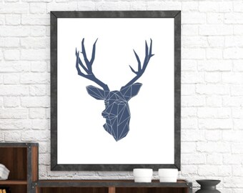 Modern Deer Antler, Deer Head Geometric, Scandinavian, Geometric Deer Poster, Blue Deer Print, Deer Head, Geometric Minimalist Blue, Print
